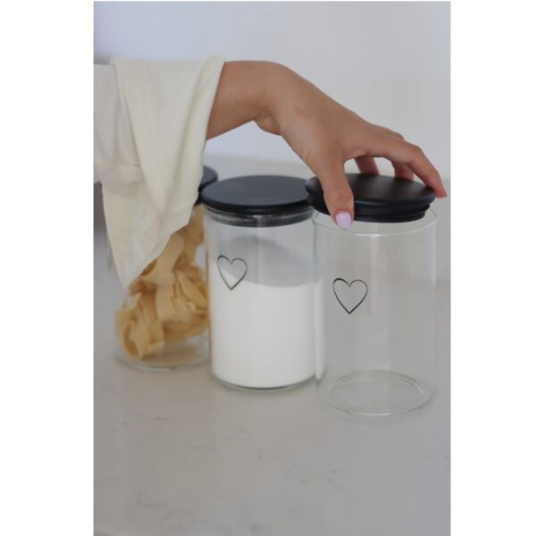 Set 3 Bamboo Storage Jars- Single Heart Black lid 1000ml