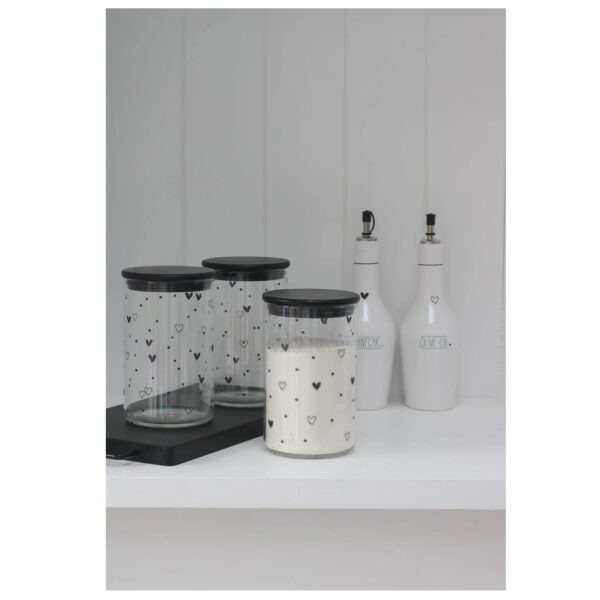 Set 3 Bamboo Storage Jars- Hearts&Dots Black lid 1000ml