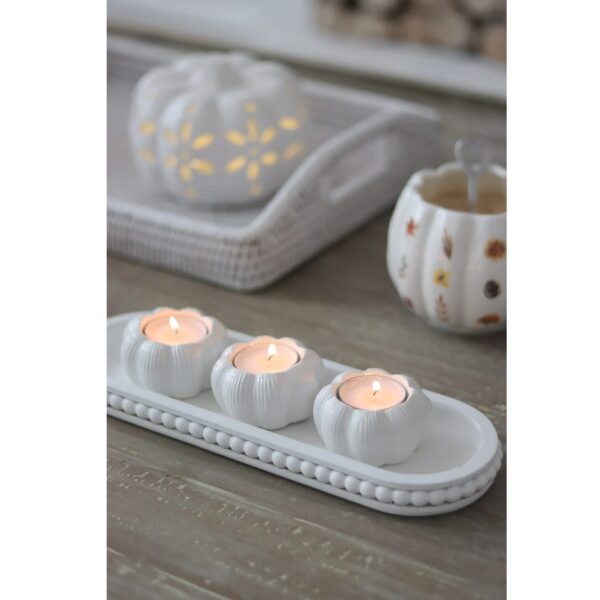 Set of 3 Ceramic Pumpkin Tea Light Holders - White